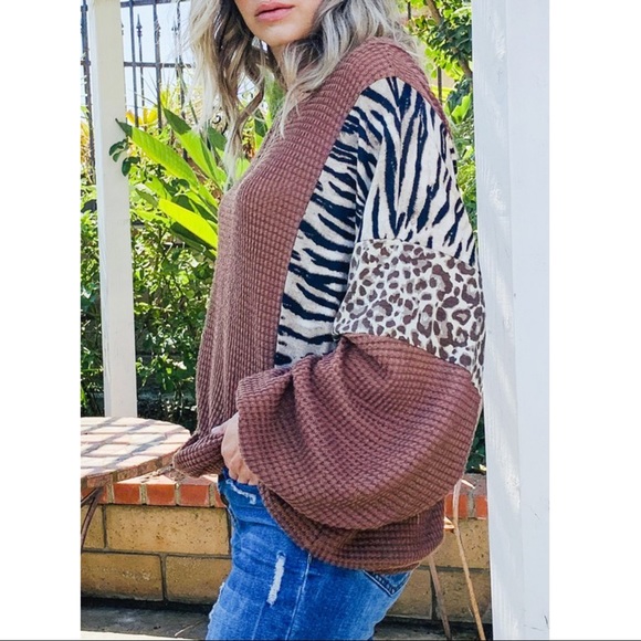 LET'S BE WILD WAFFLE KNIT SWEATER-BROWN - Picture 5 of 5